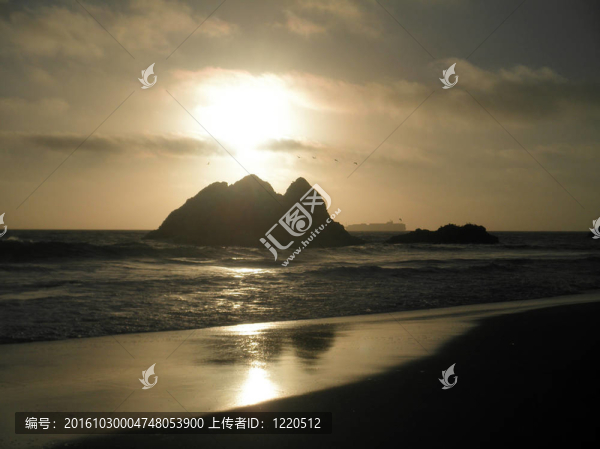日落時分，鳥在海豹巖上飛行，大型貨船在日落時