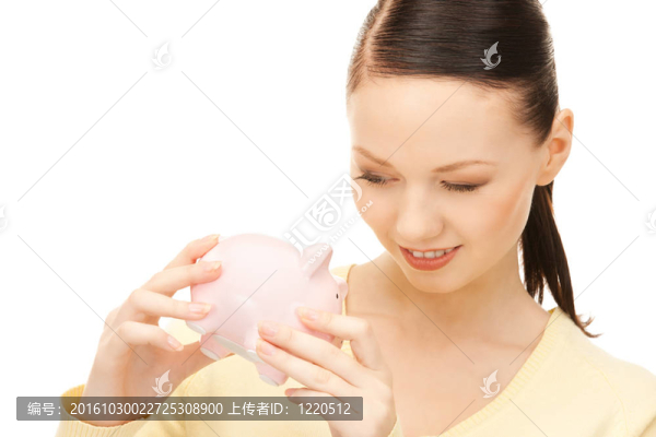 可愛的女人與小豬銀行
