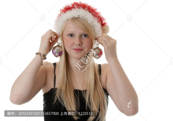 美麗的金發(fā)女孩在Santa的帽子