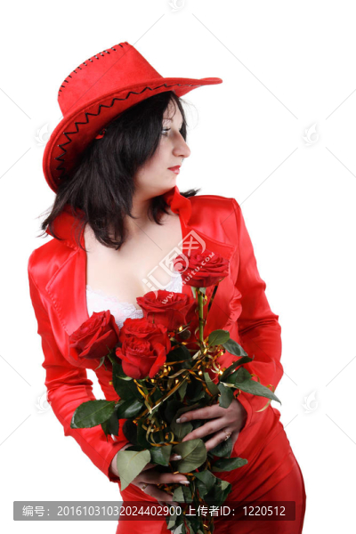 穿紅衣服的漂亮女人；帽子和紅玫瑰