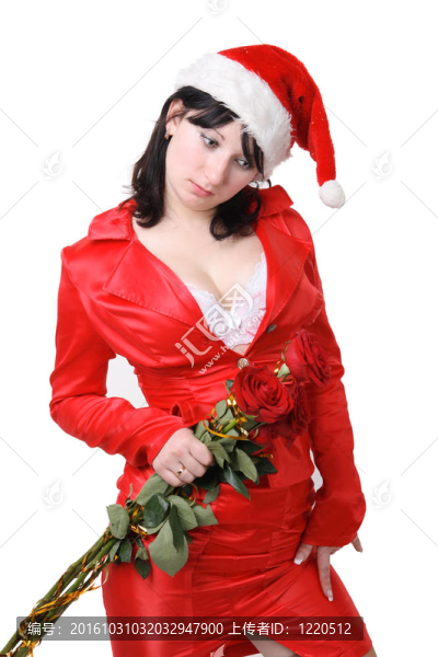一個美麗的年輕女子的肖像在紅色的西裝和帽子的圣誕老人與紅玫瑰的白色背景