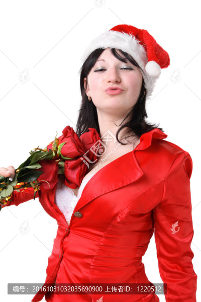 穿紅衣服的女人，戴著紅玫瑰的圣誕老人帽
