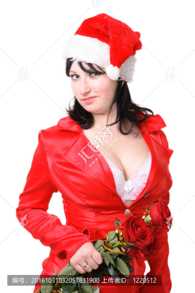 穿紅衣服的女人，戴著紅玫瑰的圣誕老人帽