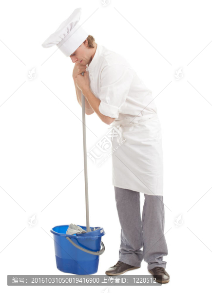 男廚師白色制服和帽子拖把