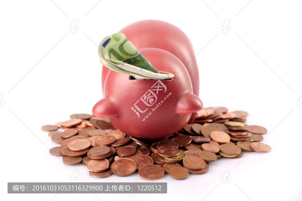 紅色的小豬銀行幣和歐元紙幣