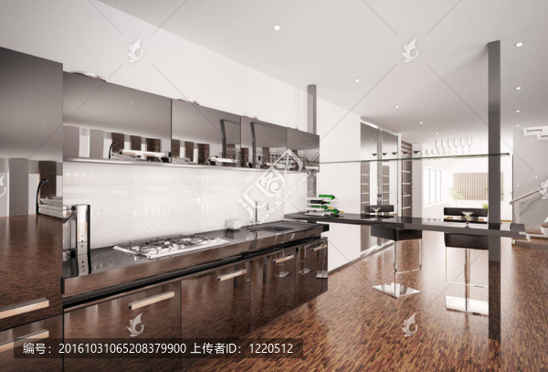 現(xiàn)代黑廚房室內(nèi)3D渲染