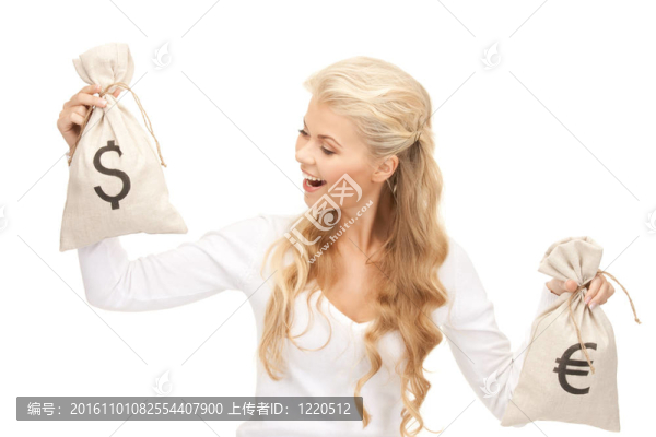 有歐元和美元袋的女人