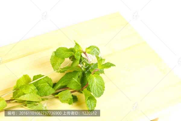 新鮮的薄荷葉在木制菜板