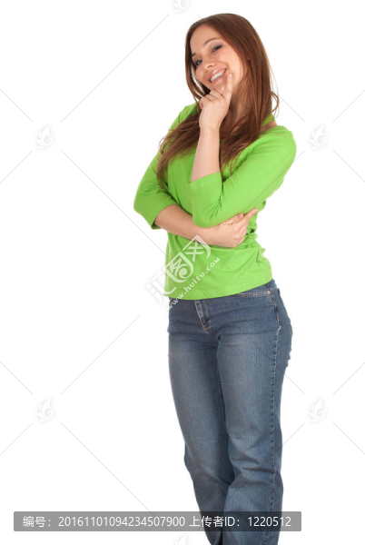 穿著綠色上衣的漂亮的年輕女子；系列