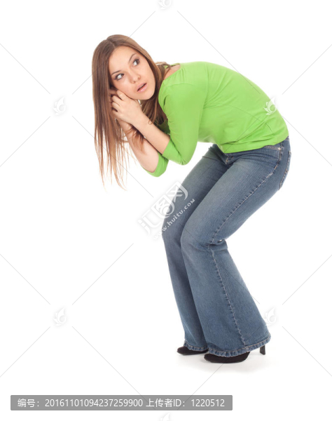 穿著綠色襯衫的受驚的年輕女子；系列