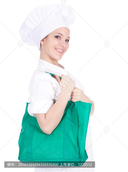 女廚師白色制服和帽子綠色包