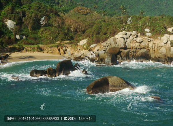 在水崖哥倫比亞加勒比海岸的沙灘（泰羅那國家公園；靠近圣瑪爾塔）