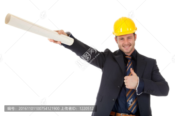 年輕的高加索建筑師有計劃；豎起大拇指