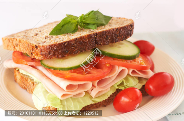 美味火腿；番茄和黃瓜三明治