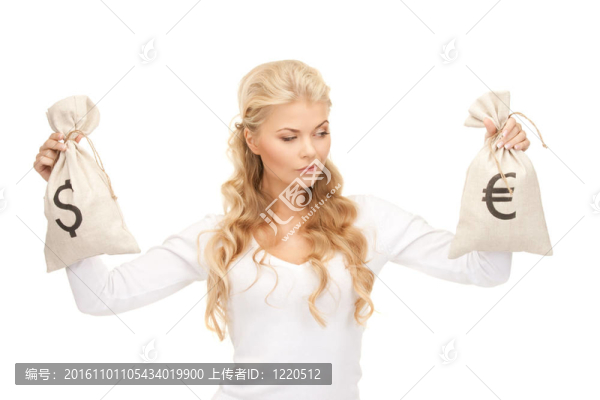 有歐元和美元袋的女人