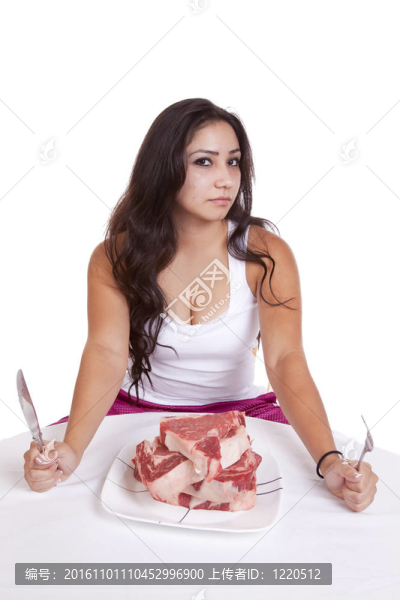 與牛排的女人和叉刀