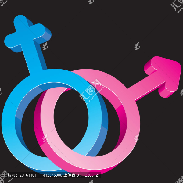 兩個交叉閃爍的性別標(biāo)志；男性和女性的象征；藍(lán)色和粉紅色；有界情人節(jié)或愛情圖標(biāo)；插圖