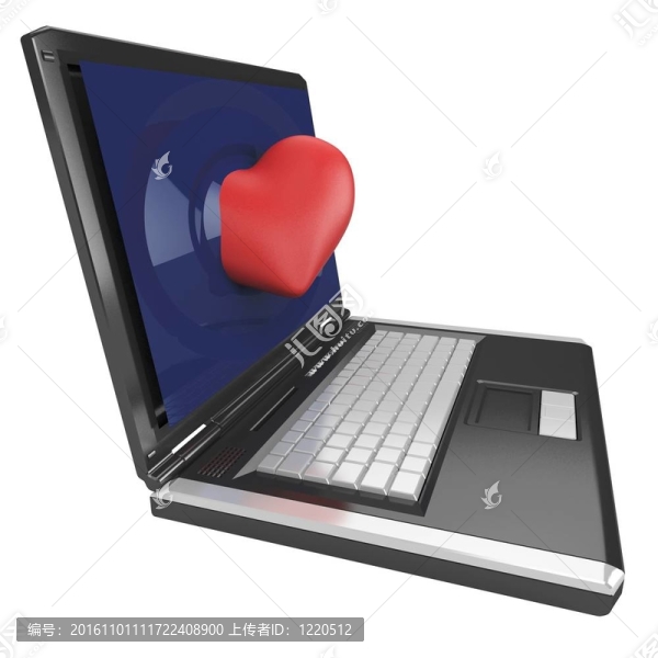 具有大紅色心臟的3D筆記本電腦