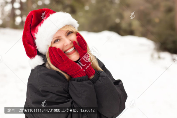 迷人的圣誕老人戴著金發(fā)女人在雪地里玩