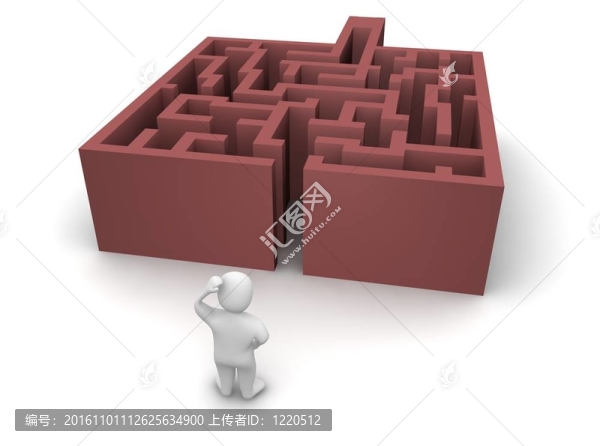 走在迷宮前的人。三維渲染插圖。