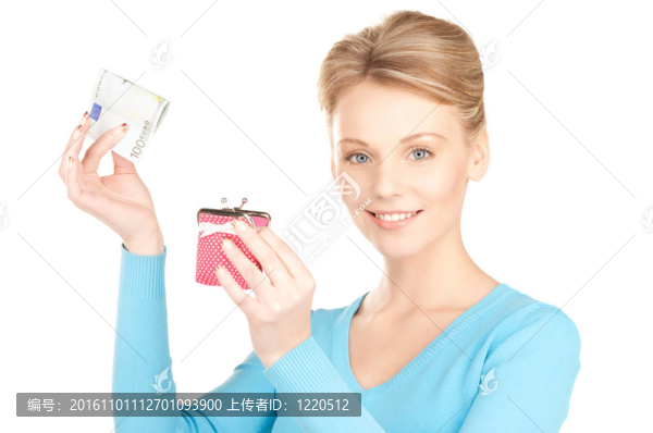 可愛的女人與錢包和金錢