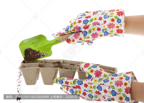 帶土壤鏟入生態(tài)堆肥的花園手套