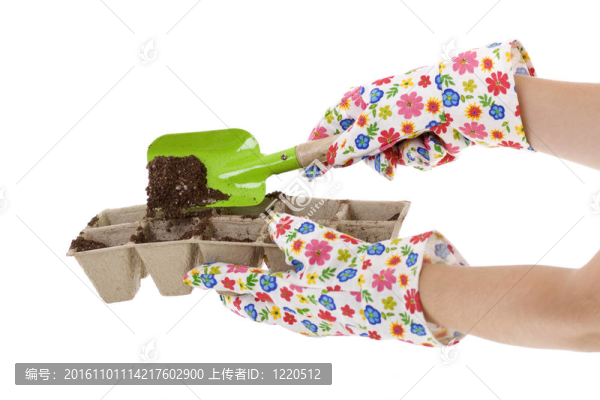把土壤放入生態(tài)友好堆肥盆的手套