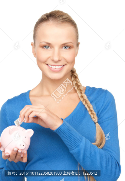 可愛的女人與儲(chǔ)蓄罐和錢