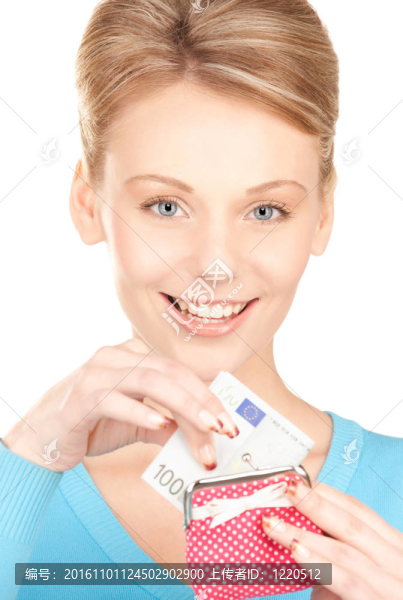 可愛的女人與錢包和金錢