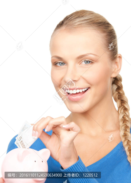 可愛(ài)的女人與儲(chǔ)蓄罐和錢