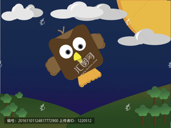 可愛的貓頭鷹在夜晚飛過小山