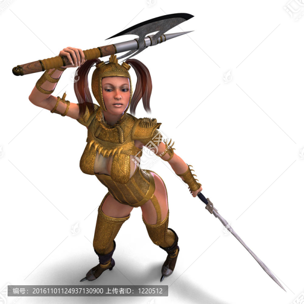 漂亮的女騎士充當(dāng)守衛(wèi)。3D渲染與剪輯路徑和陰影超過白色