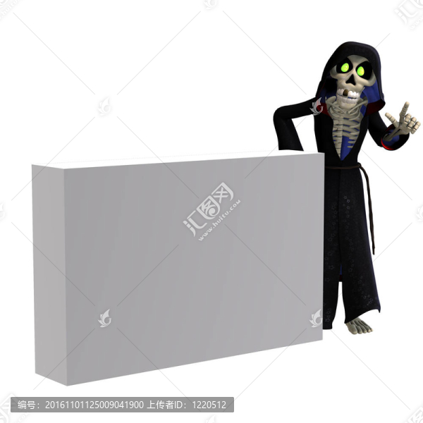 有趣的卡通死神邀請(qǐng)你。3D渲染與剪輯路徑和陰影超過(guò)白色