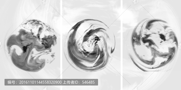 三聯(lián)裝飾畫,圓形水墨,合層