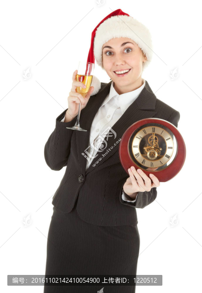 商業(yè)女郎在Santa帽子和香檳