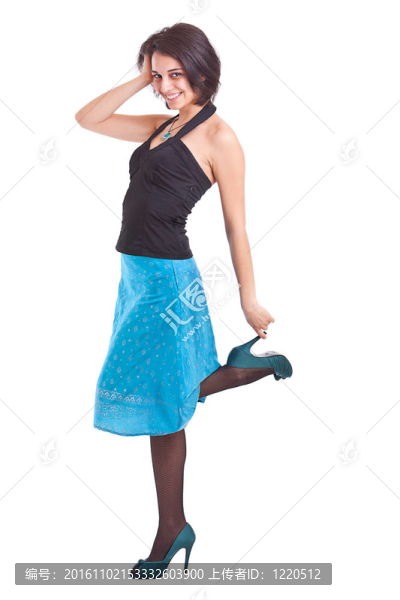 女人在一個時髦的藍(lán)衣服，冒充
