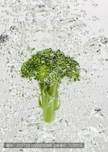 綠花椰菜與氣泡落入水中