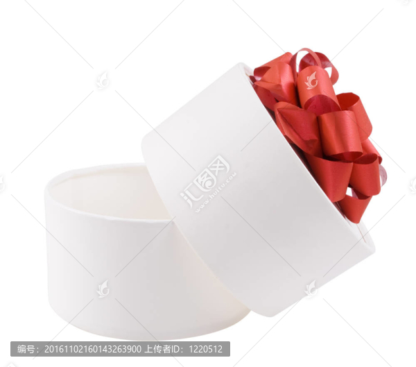打開圓形白色禮品盒與紅弓