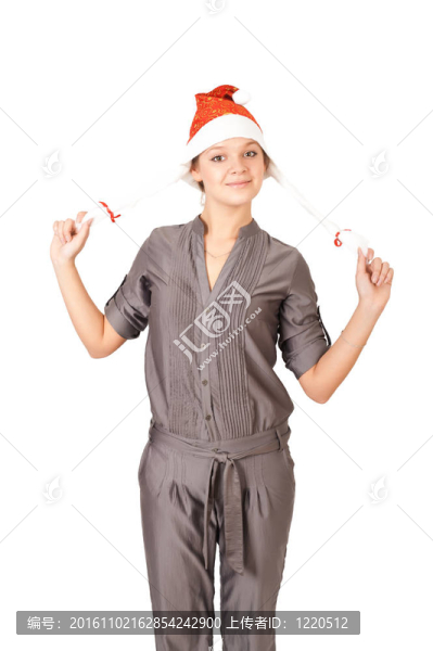 穿著白色背景的圣誕老人帽子的年輕女子