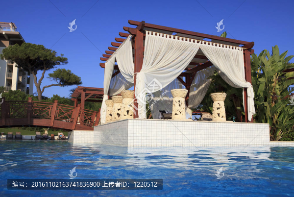 在游泳池里。