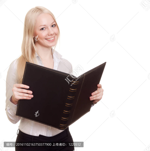 金發(fā)碧眼的快樂的商人與黑色文件夾白色隔離