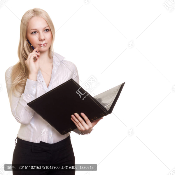 金發(fā)女商人與黑色的文件夾和筆白色隔離