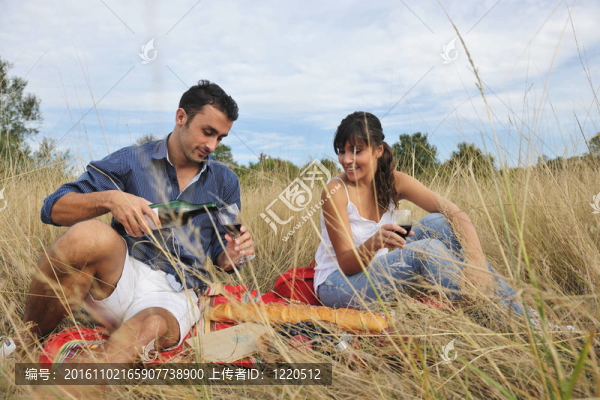 快樂(lè)夫婦在長(zhǎng)草地享受鄉(xiāng)村野餐