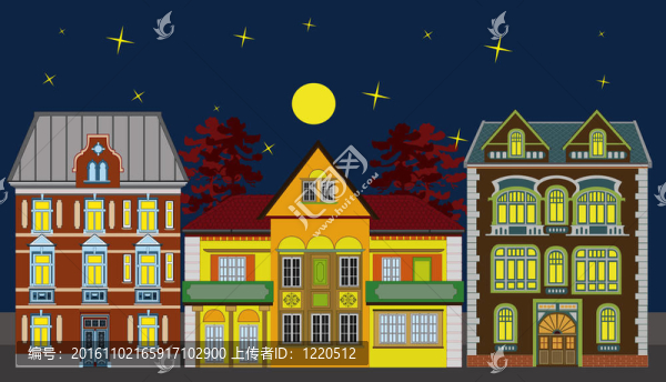 夜晚的三個住宅