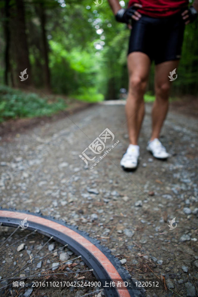 在一個(gè)森林的車友在森林自行車步道山地自行車（淺景深；在前景的自行車輪焦點(diǎn)）