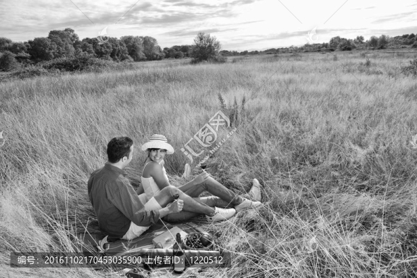 快樂夫婦在長(zhǎng)草地享受鄉(xiāng)村野餐