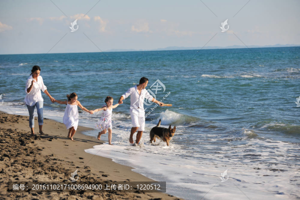 和狗在海灘上玩的快樂的家庭