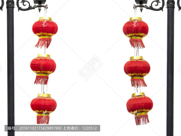 兩組中國紅燈籠掛在路燈桿上