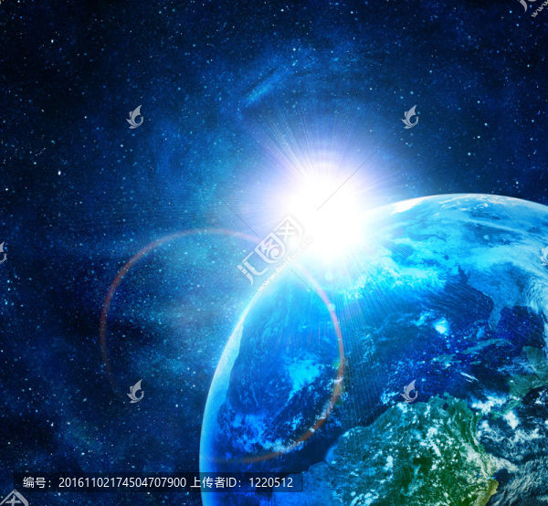 在太空中的藍(lán)色地球與上升的太陽