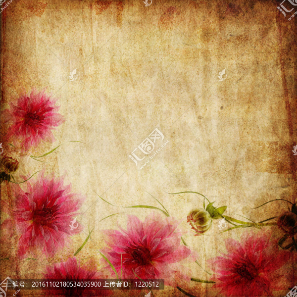 舊紙背景與粉紅色的花朵